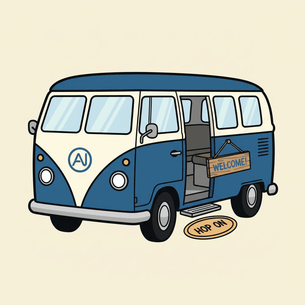 AI Struggle Bus with open door, welcoming visitors