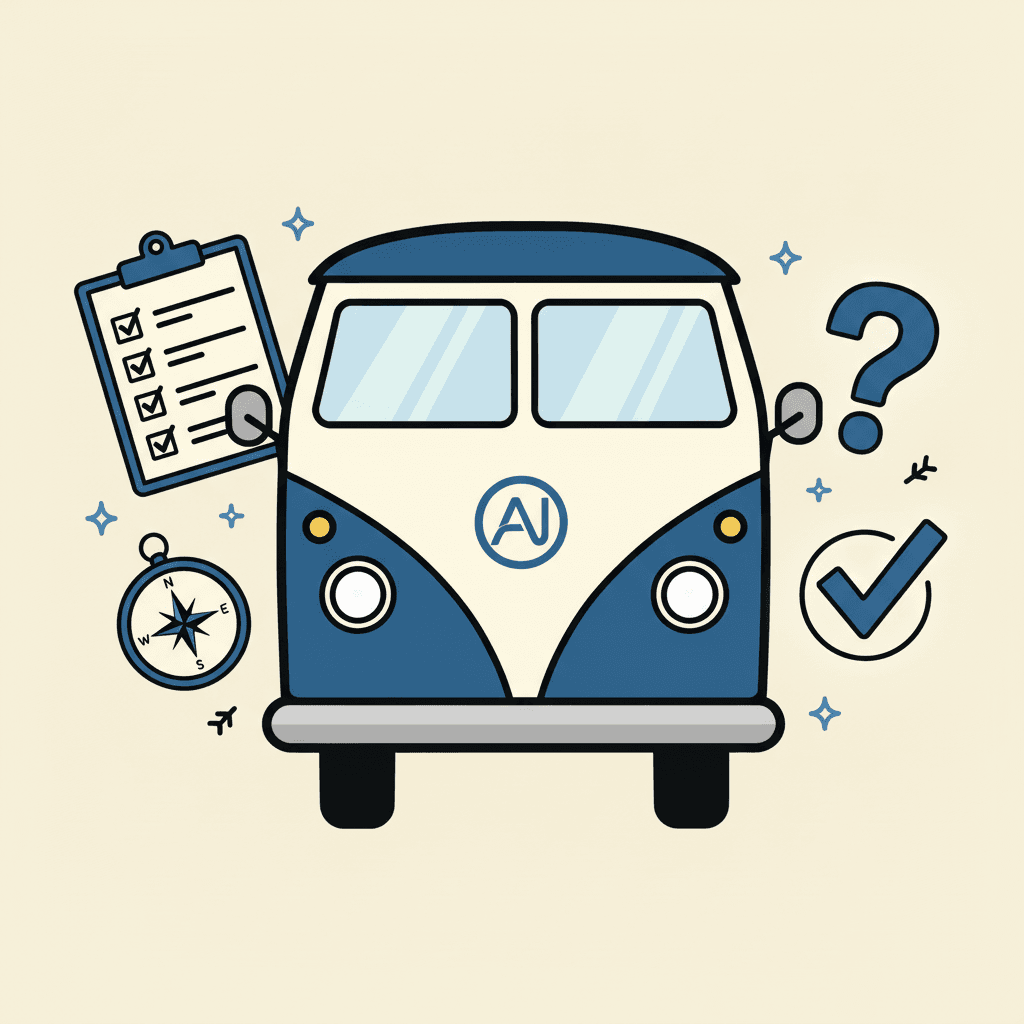 AI Struggle Bus with checklist and compass