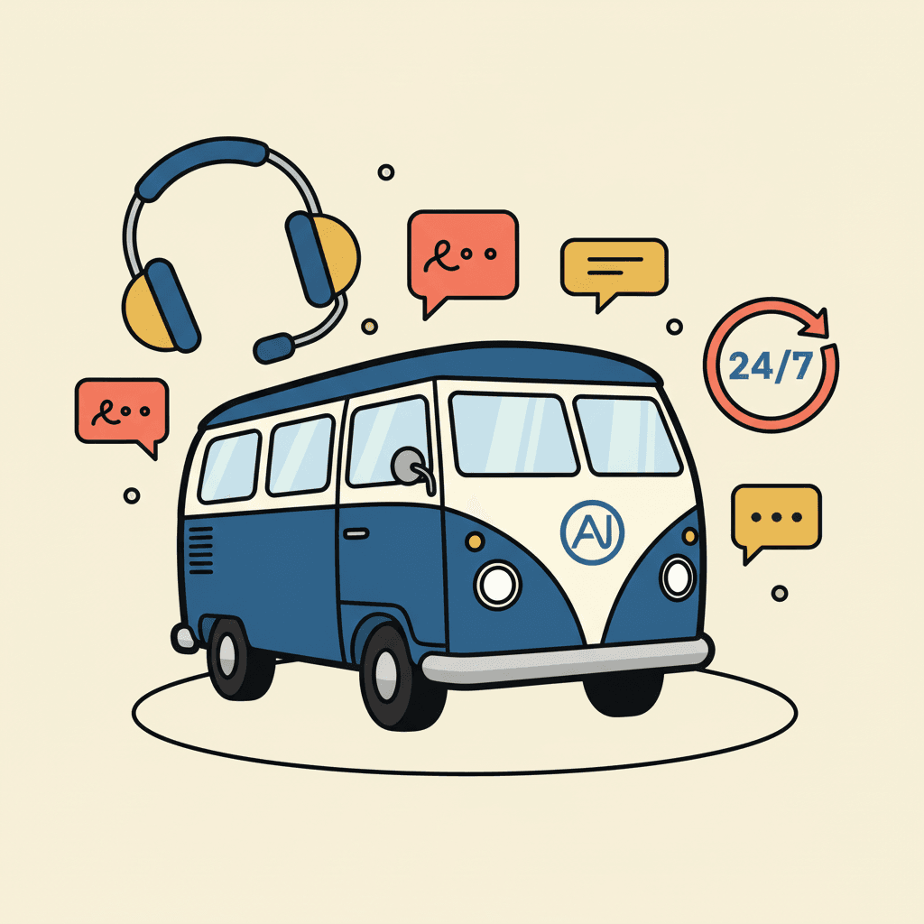 AI Struggle Bus as a customer service station with headset