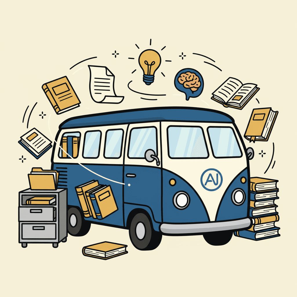 AI Struggle Bus as a mobile library with books and documents