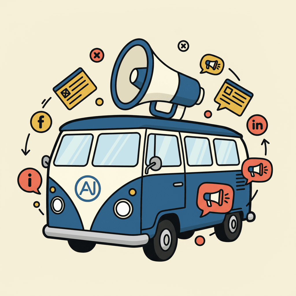 AI Struggle Bus with megaphone broadcasting content