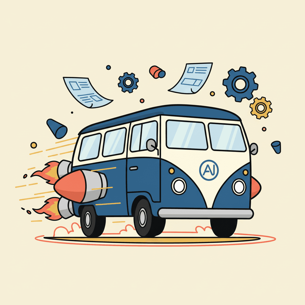 AI Struggle Bus with rocket boosters and blueprints