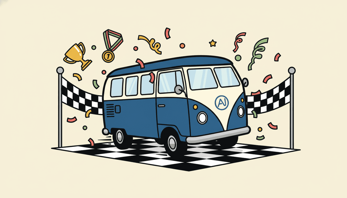 AI Struggle Bus crossing finish line with celebration