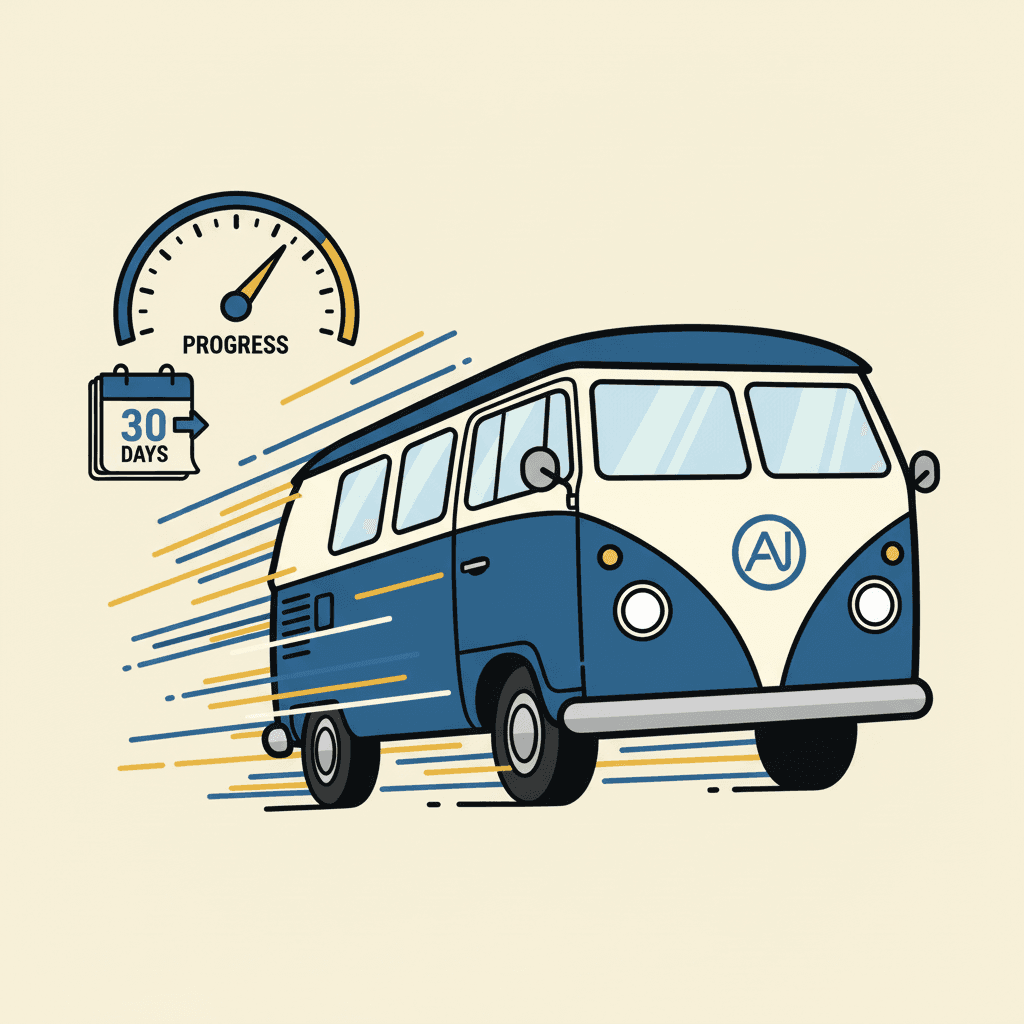 AI Struggle Bus with speedometer showing rapid progress